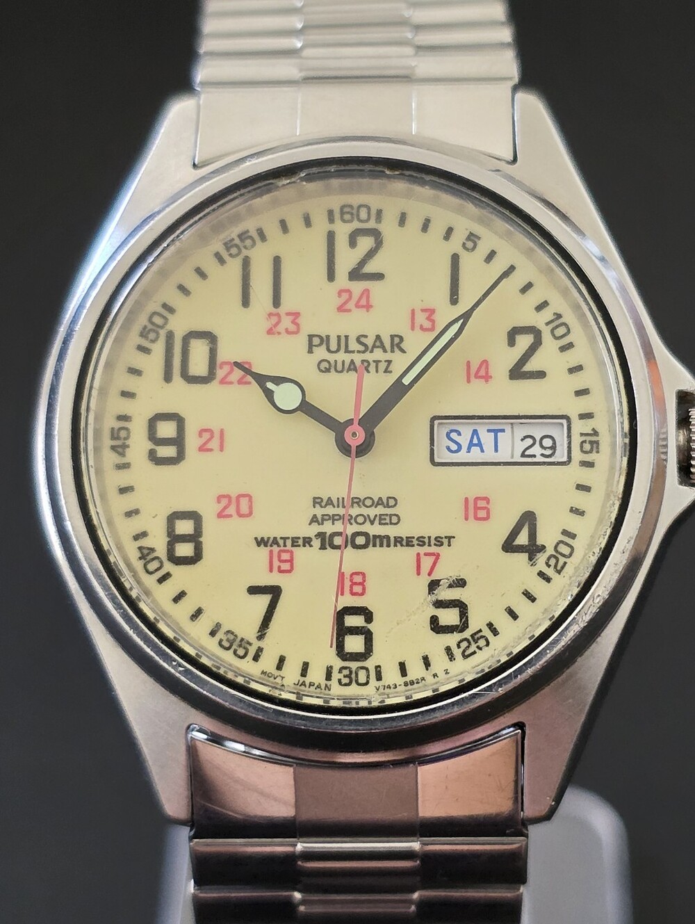 VTG Pulsar Full Lume Railroad Approved VX43-0AD0 Day Date Watch PARTS OR REPAIR